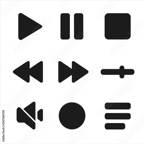 Black Media Control Icons. Solid, filled icon set of blank media controls: empty play button, blank pause icon, empty stop button,