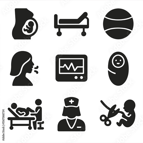 Childbirth Icon Set. Solid, filled icon set of childbirth process: pregnant belly, hospital bed, birthing ball, breathing woman,