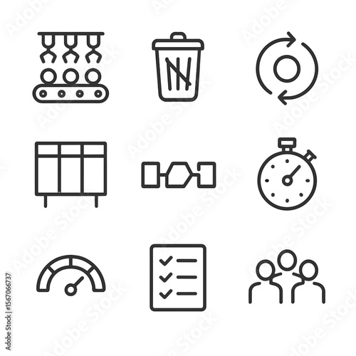 Lean Process Icons. Outline icon set of lean process optimization: assembly line, waste reduction symbol, continuous improvement