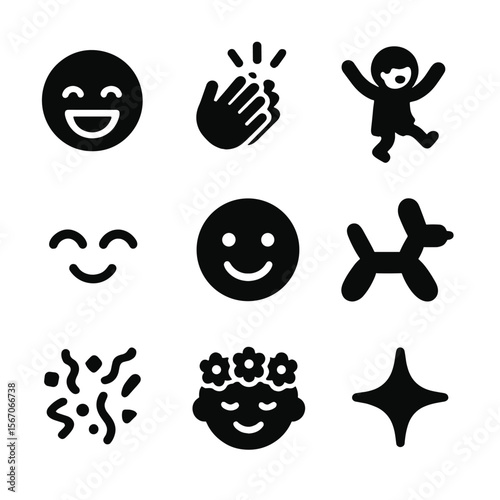 Childhood Expression Icons. Solid, filled icon set of childhood expressions: laughing face, clapping hands, dancing child, smiling