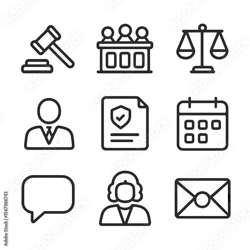 Legal Icon Set. Outline icon set of administrative hearings and appeals: gavel, courtroom bench, scales of justice, lawyer