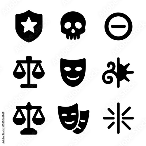 Character Alignment Icons. Solid, filled icon set of character alignment: good badge, evil skull, neutral line, lawful symbol,