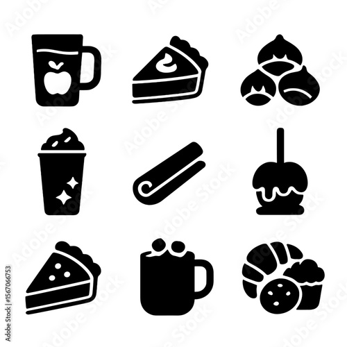 Autumn Food Icons. Solid, filled icons set of autumn food and drink: apple cider, pumpkin pie, roasted