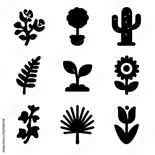 Black Plant Icons. Solid, filled icon set of plants and greenery: rose bush, topiary, cactus, fern, tree sapling, sunflower, ivy