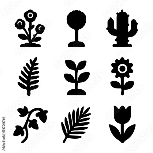 Black Plant Icons. Solid, filled icon set of plants and greenery: rose bush, topiary, cactus, fern, tree sapling, sunflower, ivy
