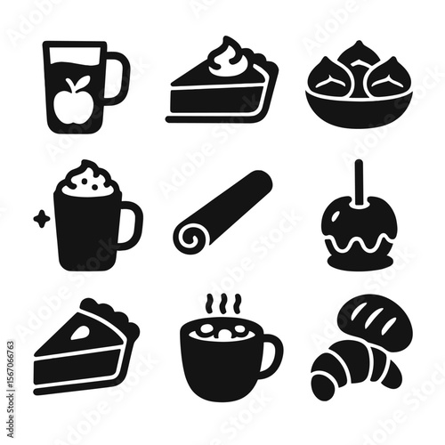 Autumn Food Icons. Solid, filled icons set of autumn food and drink: apple cider, pumpkin pie, roasted
