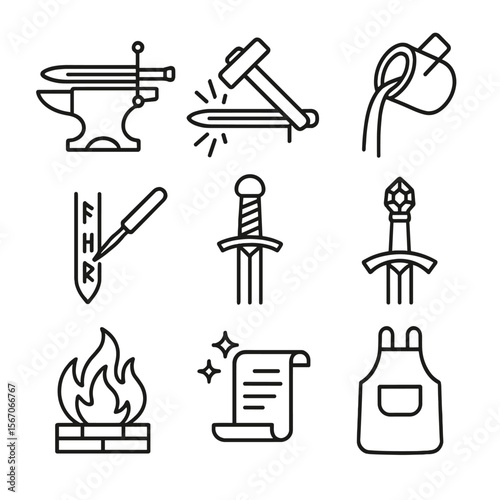Legendary Sword Icon Set. Outline icon set of legendary sword forging: anvil with sword outline, hammer striking blade, molten