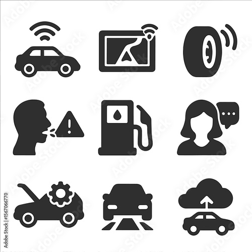 Automotive IoT Icons. Solid, filled icons set of automotive IoT systems: connected car, onboard GPS, tire