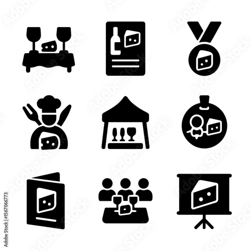 Cheese Event Icons. Solid, filled icon set of cheese presentation and events: tasting table, pairing menu, cheese award medal,