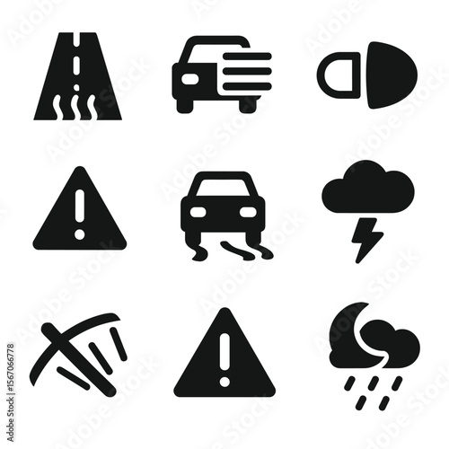 Bad Weather Driving Icons. Solid, filled icons set of driving in bad weather: wet road, low visibility, fog