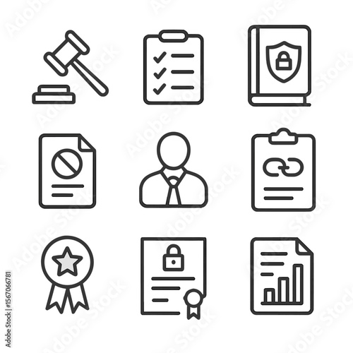 Legal Icons Set. Outline icon set of legal and compliance aspects: court gavel, compliance checklist, privacy law book,
