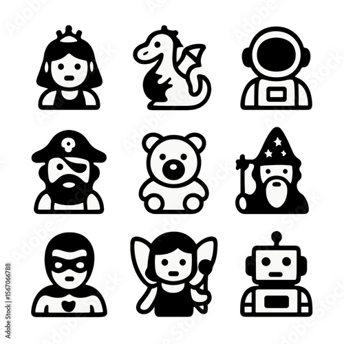 Children's Book Icons. Solid, filled icon set of children’s book characters: princess, dragon, astronaut, pirate, animal, wizard,
