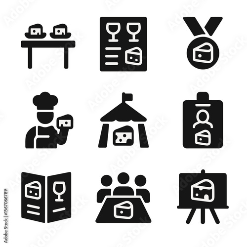 Cheese Event Icons. Solid, filled icon set of cheese presentation and events: tasting table, pairing menu, cheese award medal,