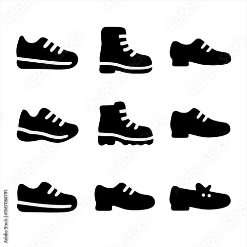 Black Shoe Icons. Solid, filled icon set of shoes featuring laces: sneaker, boot, dress shoe, running shoe, hiking boot, casual