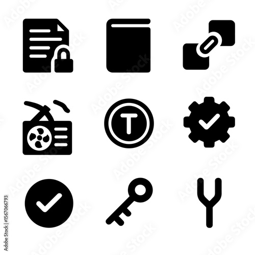 Blockchain Icon Set. Solid, filled icon set of blockchain infrastructure: smart contract, ledger book, block link, mining rig,
