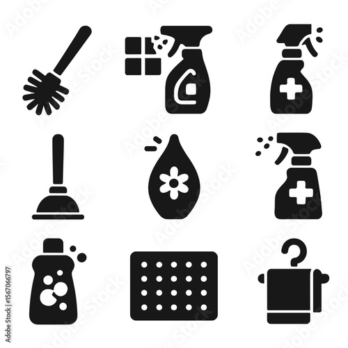 Bathroom Cleaning Essentials. Solid, filled icons set of bathroom cleaning tips: toilet brush, tile cleaner,