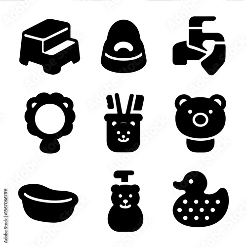 Children's Bathroom Icons. Solid, filled icon set of children's bathroom fixtures: step stool, training toilet, faucet extender,