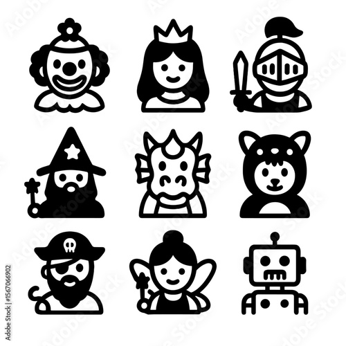 Children's Theater Icons. Solid, filled icon set of children’s theater characters: clown, princess, knight, wizard, dragon, animal