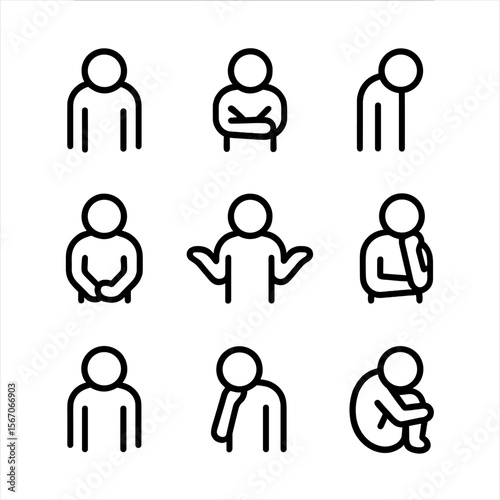 Body Language Icons. Solid, filled icon set of body language with downcast eyes: bowed head, crossed arms, slouched posture,