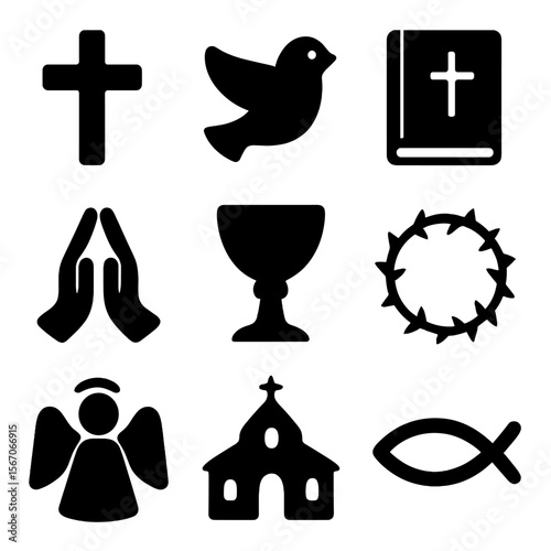 Christian Iconography Set. Solid, filled icon set of Christian art and religious iconography: cross, dove, Bible, praying hands,