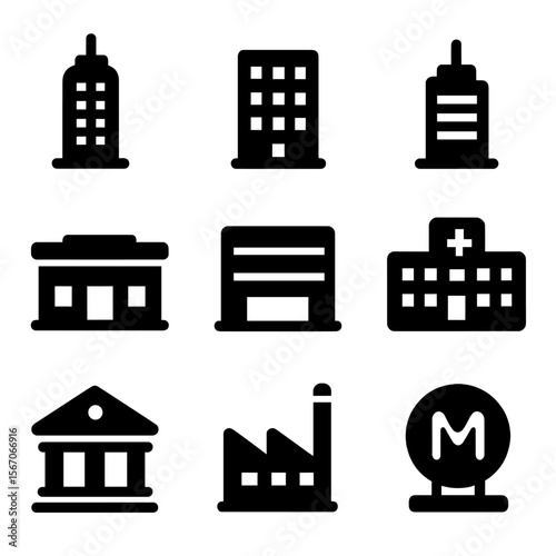 Black Urban Icon Grid. Solid, filled icon set of urban buildings: skyscraper, apartment block, office tower, shopping mall,