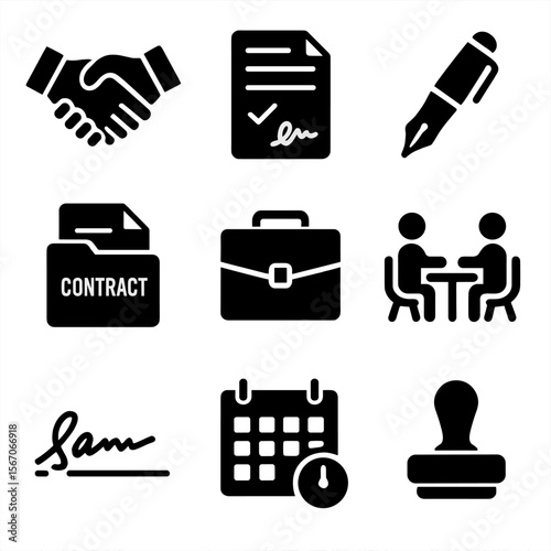 Business Contract Icons. Solid, filled icons set of contract signings and negotiations in business settings: