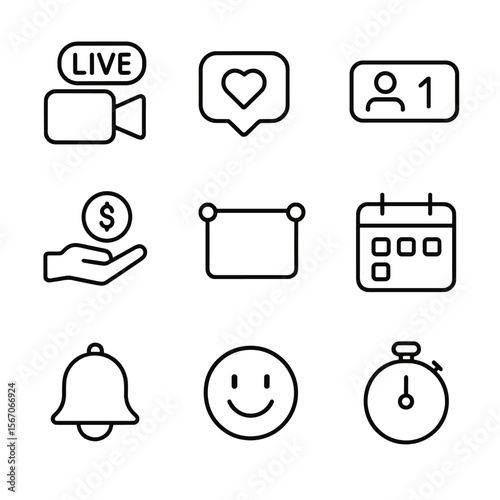 Live Streaming Icons. Outline icon set of live streaming and audience interaction: live broadcast camera, chat bubble with heart,