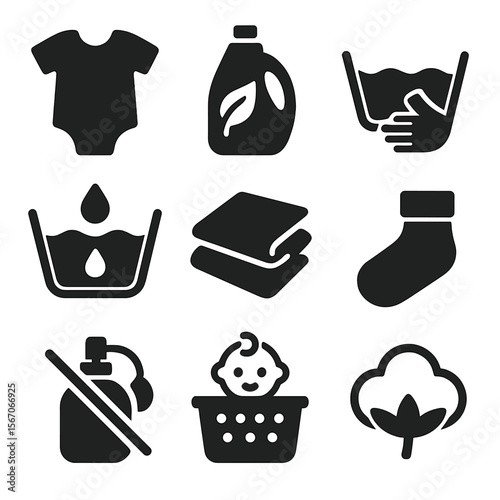 Baby Laundry Icons. Solid, filled icons set of baby and sensitive skin laundry care: baby onesie,