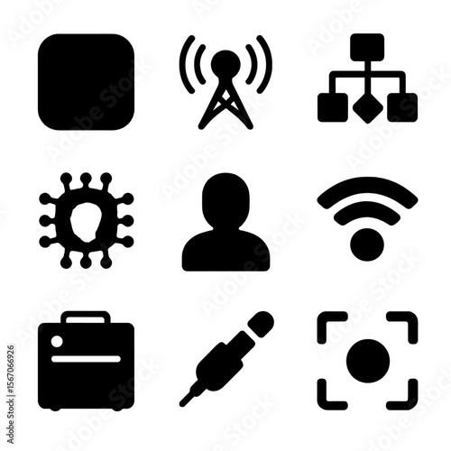Black Tech Icons. Solid, filled icon set of A technology: app icon, antenna, algorithm, artificial intelligence, avatar, access