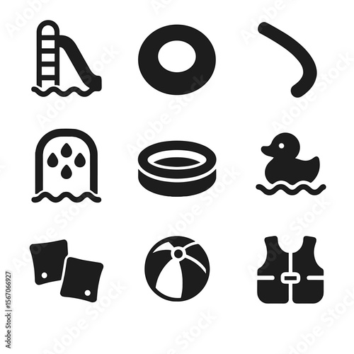 Children's Pool Icon Set. Solid, filled icon set of children’s pool activities: water slide, floatie ring, swim noodle, splash