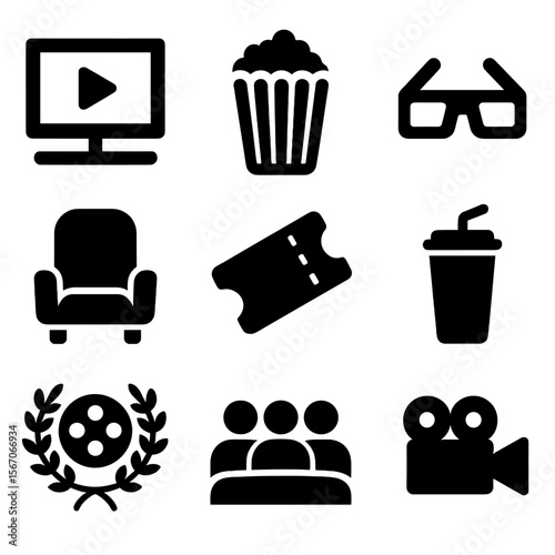 Cinema Icons Grid. Solid, filled icon set of film viewing: movie screen, popcorn bucket, 3D glasses, cinema chair, ticket stub,