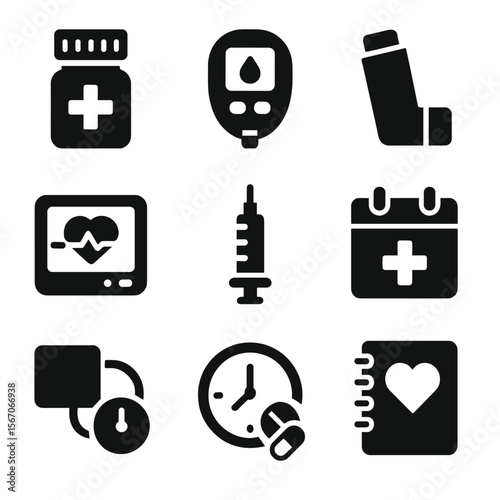 Chronic Disease Icon Set. Solid, filled icon set of chronic disease management: pill bottle, glucose meter, inhaler, heart monitor