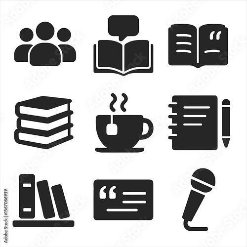 Book Club Icon Set. Solid, filled icons set of book club tools: group icon, open discussion, shared quote,
