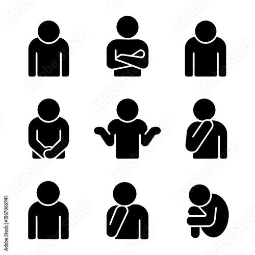 Body Language Icons. Solid, filled icon set of body language with downcast eyes: bowed head, crossed arms, slouched posture,