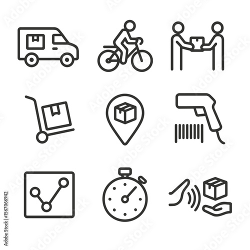 Logistics Icon Set. Outline icon set of last-mile logistics and parcel transfer: delivery van with parcel, bicycle courier