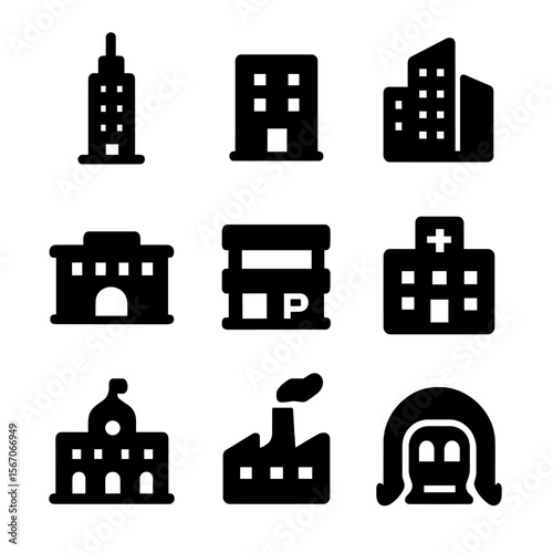 Black Urban Icon Grid. Solid, filled icon set of urban buildings: skyscraper, apartment block, office tower, shopping mall,