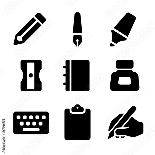 Black Writing Tools Icons. Solid, filled icon set of writing tools: pencil, pen, highlighter, sharpener, notebook margin, ink