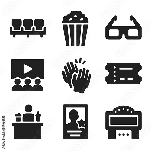 Cinema Icon Set. Solid, filled icon set of cinema audience experience: theater seats, popcorn box, 3D glasses, projector screen,