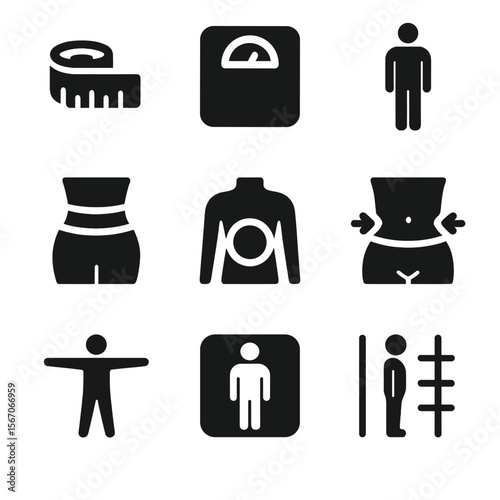Body Measurement Icons. Solid, filled icon set of body measurements: measuring tape, body scale, body outline, waistline, chest