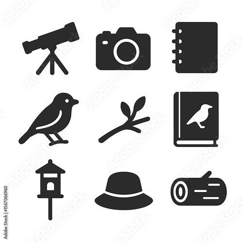 Backyard Birdwatching Icons. Solid, filled icons set of backyard birdwatching: telescope, camera, notebook,