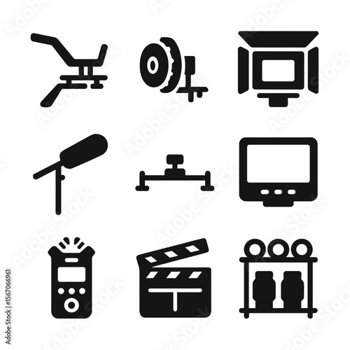 Cinematic Gear Icons. Solid, filled icon set of cinematic camera gear: shoulder rig, follow focus, matte box, boom mic, camera