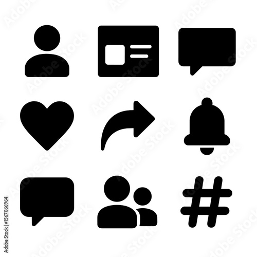 Blank Social Media Icons. Solid, filled icon set of blank social media: empty profile picture, blank post, empty comment box,