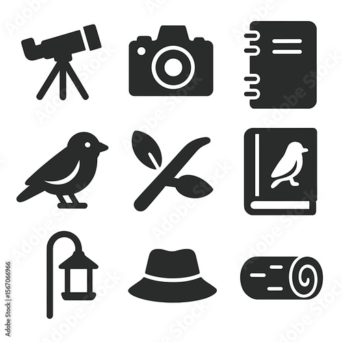 Backyard Birdwatching Icons. Solid, filled icons set of backyard birdwatching: telescope, camera, notebook,