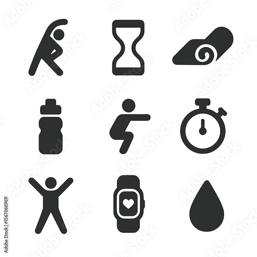 Backyard Fitness Icons. Solid, filled icons set of backyard fitness routines: stretching pose, resistance band