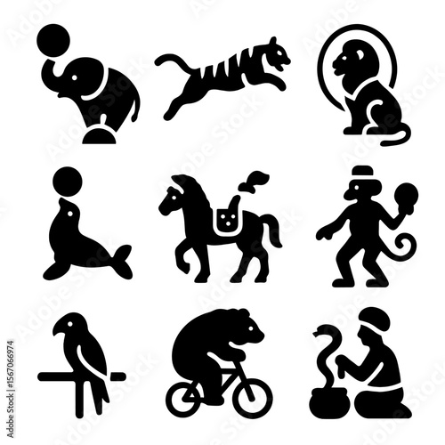 Circus Animal Acts Icons. Solid, filled icon set of circus animal acts: elephant with ball, tiger jumping, lion with hoop, trained