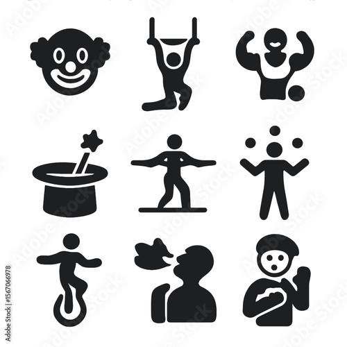 Circus Performer Icons. Solid, filled icon set of circus performers: clown face, trapeze artist, strongman, magician hat,
