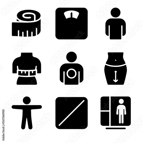 Body Measurement Icons. Solid, filled icon set of body measurements: measuring tape, body scale, body outline, waistline, chest