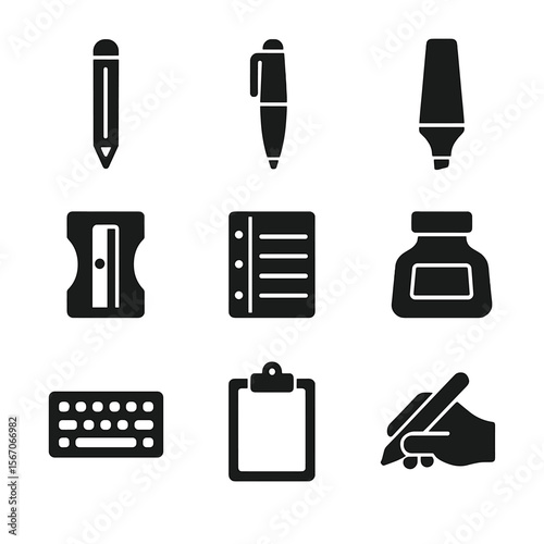 Black Writing Tools Icons. Solid, filled icon set of writing tools: pencil, pen, highlighter, sharpener, notebook margin, ink