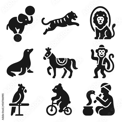 Circus Animal Acts Icons. Solid, filled icon set of circus animal acts: elephant with ball, tiger jumping, lion with hoop, trained