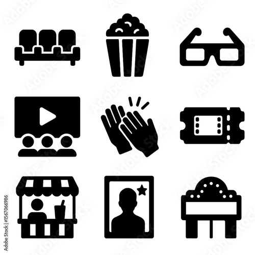 Cinema Icon Set. Solid, filled icon set of cinema audience experience: theater seats, popcorn box, 3D glasses, projector screen,